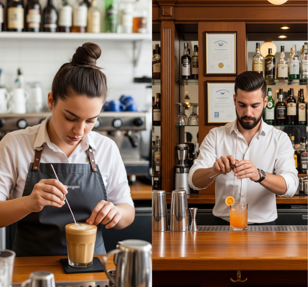 a man and woman making a drink