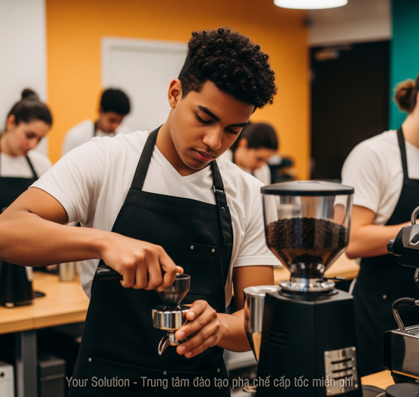 a man in aprons using a coffee machine