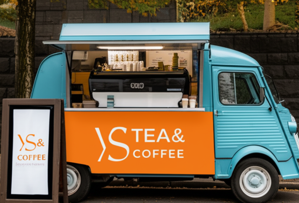 a blue van with an orange sign and a coffee machine